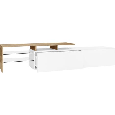 Moderne TV-Kommode 170 x 33 x 33,5 cm, Weiß/Holzoptik, Glasablagen, LED (1/5)