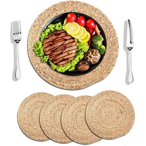 4 sets de table ronds, tissés à la main, résistants à la chaleur, antidérapants et en paille tressée pour la table à manger.