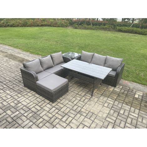 Fimous Rattan Garden Furniture Set with Oblong Rectangular Dining Table Big Footstool Side Table 5 Pieces Outdoor Lounge Sofa Set Dark Grey Mixed (1/5)
