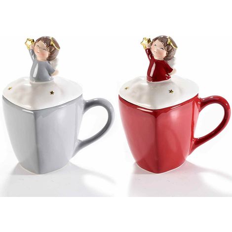 Tasses de Noël en céramique en forme de cœur avec couvercle ange et étoiles, lot de 2, 9,5 x 8,5 x H. 8,5 cm