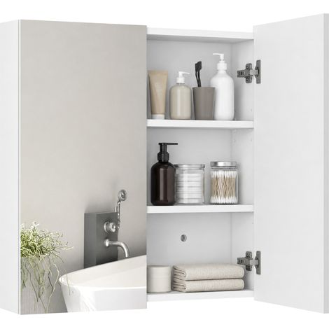 Armoire murale de salle de bain miroir placard de rangement 2 portes 3 niveaux étagère réglable 60 x 15 x 60 cm blanc (1/5)