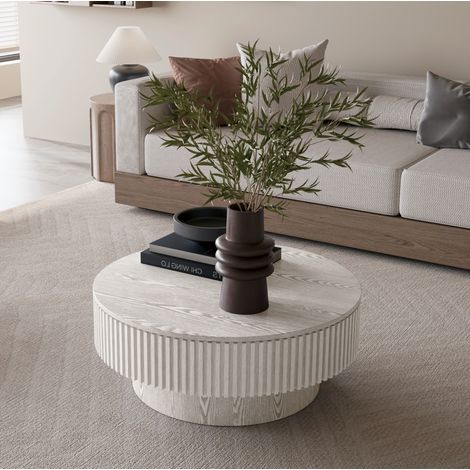 Table basse ronde 75 cm avec rangement, design champignon rainuré, bois plaqué, blanc rétro (1/5)