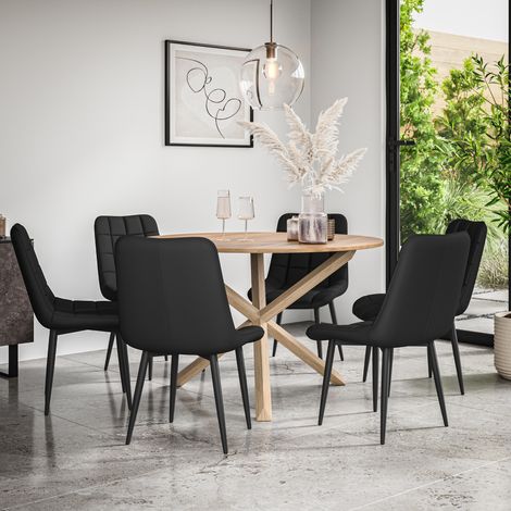 Malvern Round Dining Table And Chairs - Oak Table Top w Solid Oak Legs + Nova Faux Leather Dining Chair Set Of 6 (Black) (1/5)