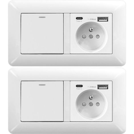 2 pièces, Interrupteur va-et-vient, Prise française avec USB et Type-C, Pose en saillie, Blanc (1/4)