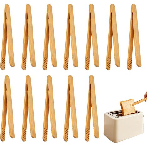 Juego de 12 pinzas de bambú, pinzas para tostadora, pinzas de madera para tostadora, pinzas de madera para cuchara de cocina, para barbacoa, buffet, pan, bistec, té. (1/5)