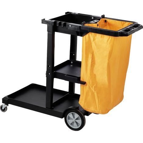 Chariot de nettoyage 3 étagères, capacité 200 lbs, sac PVC 25 gallons, 120x51x98 cm, jaune et noir. (1/5)