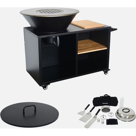 Brasero barbacoa, carrito con espacios de almacenamiento, tapa y utensilios, Ø80cm