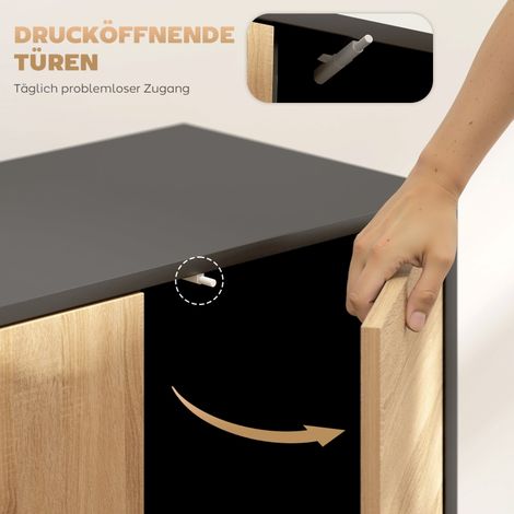 Sideboard mit Push-to-Open Türen, Esszimmerschrank mit Metallbeinen, Küchenschrank, MDF, Schwarz+Naturholz