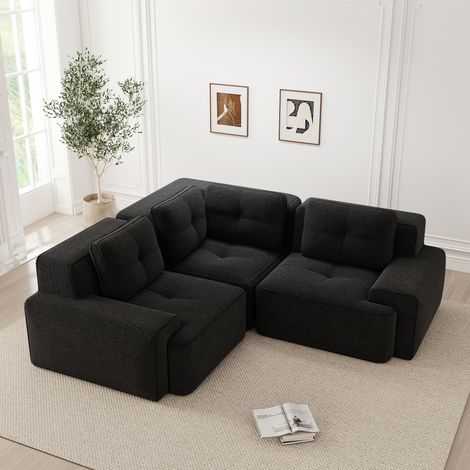Canapé modulaire velours côtelé noir, assise profonde rembourrée, design antidérapant sans montage pour salon ou bureau (1/4)