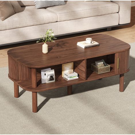 Tavolino da caffè scandinavo 110x55x45 cm con anta scorrevole, tavolino laterale per divano, 2 ripiani contenitore, MDF noce (1/5)