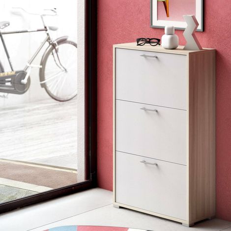 Dmora - Scarpiera Axinite, Mobile multiuso da ingresso con 3 ante a ribalta, Armadietto portascarpe a doppia profondità, 100% Made in Italy, 67x28h112 cm, Bianco e Olmo (1/4)