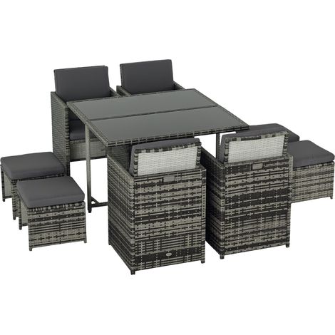 9 Piece Rattan Cube Garden Furniture Dining Set with Armchairs, Footstools and Glass-Top Table, Grey