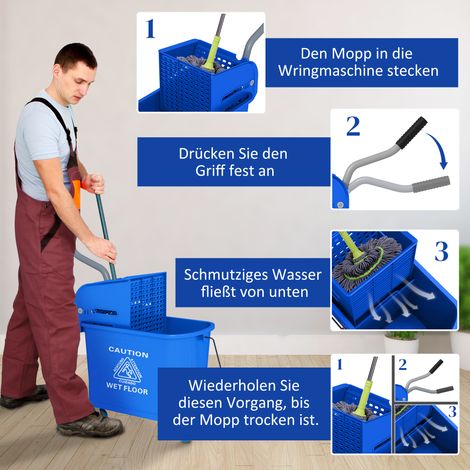 Seau de nettoyage ménager 20 L avec essoreuse et séparateur d'eau propre/sale, bleu, 60L x 27P x 70,5H cm, chariot de lavage pratique. (1/5)