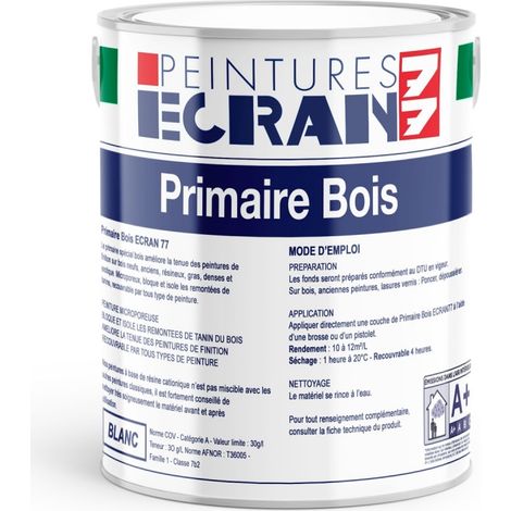Primaire bois anti-tanins, isole et bloque les tâches et remontées de tanins, peinture sous-couche intérieur, extérieur ECRAN 77 Blanc 1 litre (1/2)