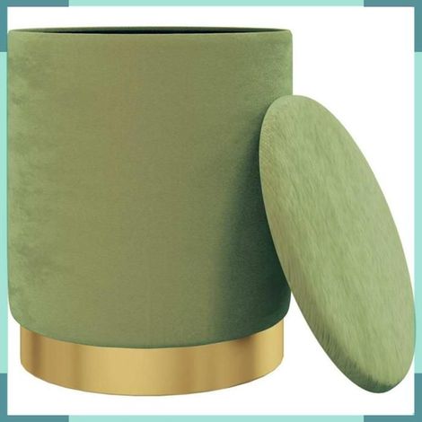 340292 Tabouret de rangement rond Vert moutarde Velours 31 x 37 cm (1/4)