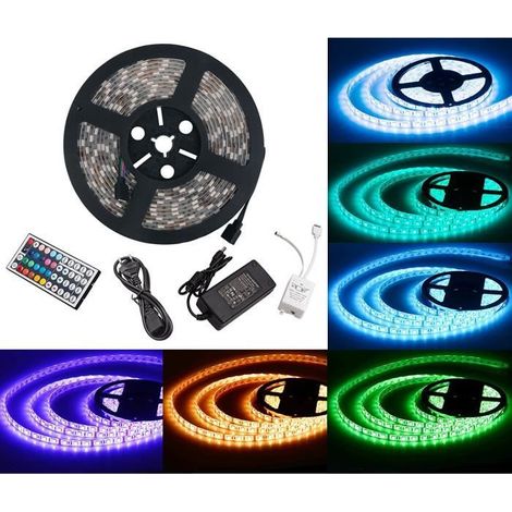 Ruban LED RGB 5m 300 LEDs avec Adaptateur 5A 12V et Télécommande Infrarouge 44 touches (1/3)