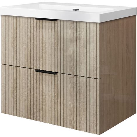 Meuble de salle de bain suspendu 60 cm, 2 tiroirs, avec vasque blanche,MDF chêne brillant
