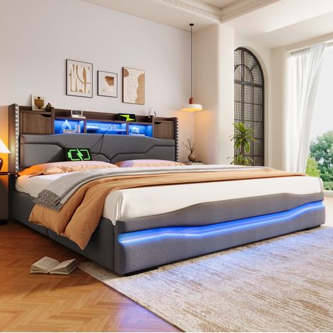 Lit rembourré 180x200 cm gris en lin avec LED, USB-C et coffre hydraulique (1/5)