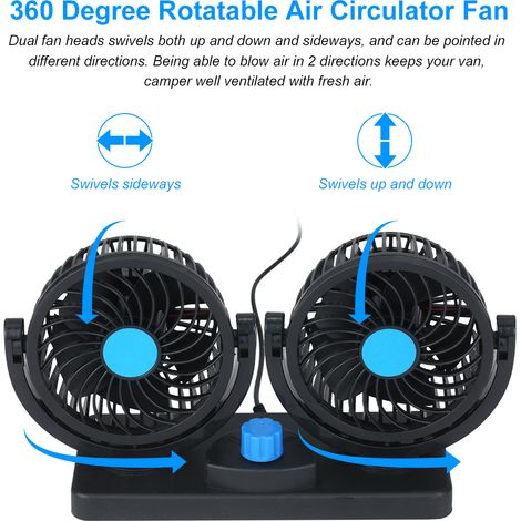 Ventilateur USB double tête 12 V, rotation à 360°, 6,5 W, puissant, avec 2 vitesses et un câble USB de 1 m. Idéal pour voiture, camion, bureau ou chambre. (1/5)