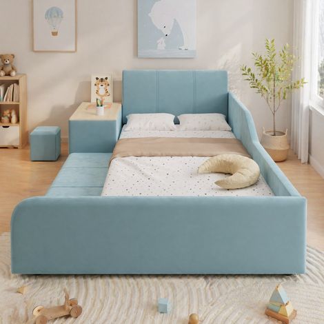 DESMIU Lit Enfant 1 Place avec Bureau, Tabouret, Étagères et Côtés Hauts 90 × 200 cm, Sans Matelas, Bleu (1/5)
