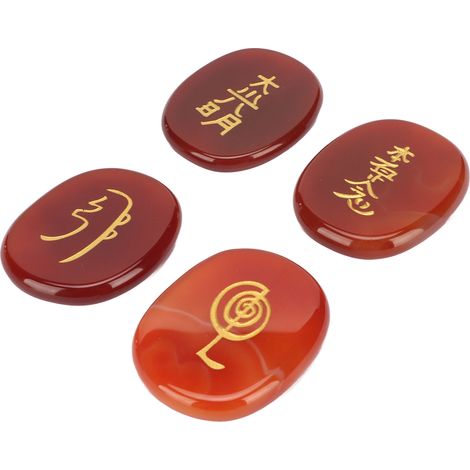 Un ensemble de 4 pierres runiques naturelles, gravées de symboles d'aura, pierres runiques ovales plates pour la méditation, livré avec un sac de rangement en agate rouge.