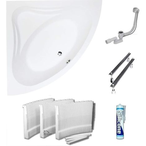 ECOLAM Baignoire d'angle Mia 140 x 140 cm  avec revêtement universel en polystyrène  Bonde d'écoulement et de trop-plein pieds + silicone (1/5)