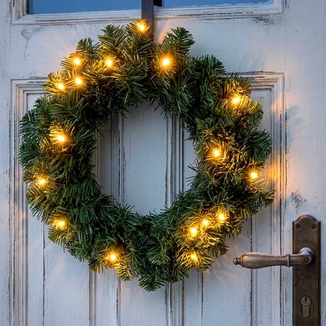 LED Weihnachtskranz grün mit Timer und Funktionen - 35 cm - Deko Kunst Tannenkranz warm weiß beleuchtet batteriebetrieben für Außen und Innen