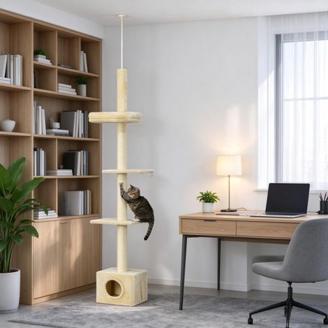 4 Niveaux Hauteur 230-260 cm Arbre à Chat Sol Plafond pour Grimper et Griffer Niche et Poteau Sisal Beige (1/5)