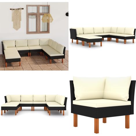 8-tlg. Garten-Lounge-Set mit Kissen Poly Rattan Schwarz - Gartensonnenliege - Gartenloungesessel - Outdoor Möbel - Esszimmergarnitur - Balkonmöbel - Home & Living