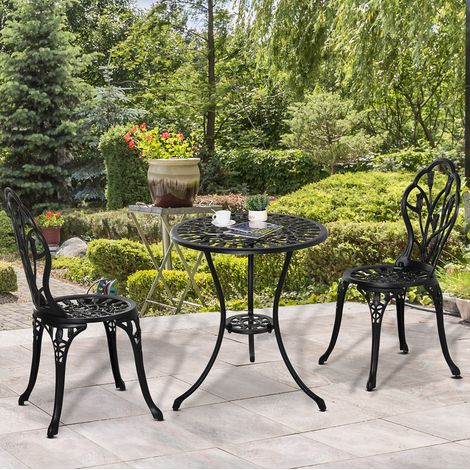 Set bistrot da giardino in alluminio nero con tavolo rotondo e 2 sedie pieghevoli, foro per ombrellone (1/5)