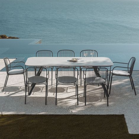 SKLUM Set aus rechteckigem Tisch 200x95 cm aus Brinela-Aluminium und 8 Gartenstühlen mit Armlehnen aus Anerina-Stahl Grau Graphit                                  