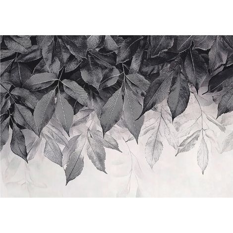 Papier peint panoramique feuilles suspendues gris intissé 200x140 cm mural salon chambre déco murale (1/5)