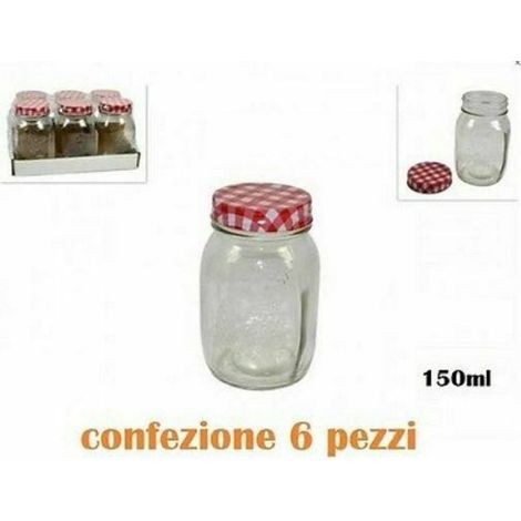 TrAdE Shop Traesio - Set 6 Pezzi Barattolo Vetro Contenitore Con Tappo Colorato Tovaglia 150ml -