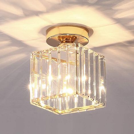 Plafonnier en cristal E27, mini lampe de couloir moderne en cristal noir, plafonnier intérieur E27 à montage en surface pour salle de bain, cuisine, porche, escalier, balcon (style doré B)