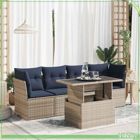 Salon de jardin - 3326092 - résine tressée gris - rangement sous assise étanche - coussins bleu marine (1/5)