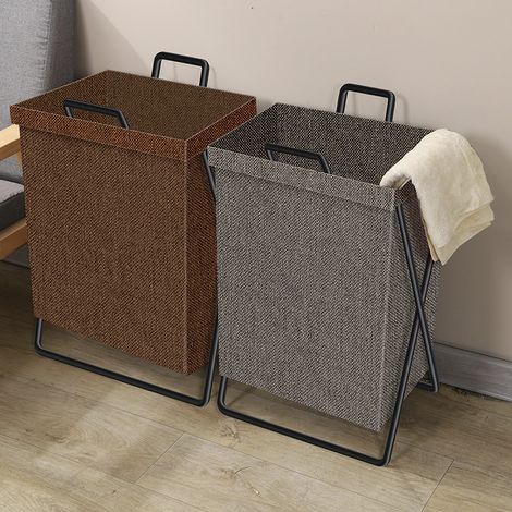 Panier à linge pliable à armature métallique, idéal pour le rangement dans la buanderie. Grand panier gris épais avec couvercle (et grand panier marron épais avec couvercle).