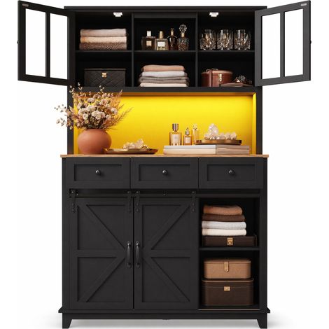 CHICFURN Aparador alto 105x38,4x180 cm de MDF negro con LED, almacenaje cocina (1/5)