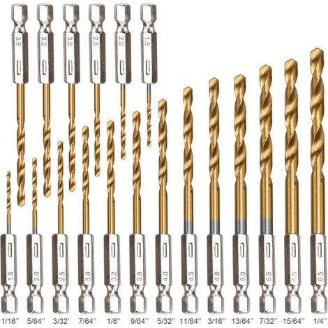 Juego de 19 brocas hexagonales, brocas para madera de cambio rápido con vástago hexagonal de titanio y acero de alta velocidad (1/16"-1/4")