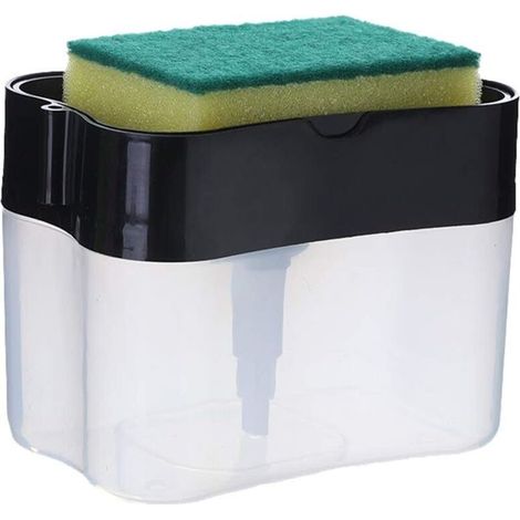 Dispenser di detersivo per piatti con porta spugna, strumento di lavaggio manuale a pressione 2 in 1, dispenser di sapone da appoggio per cucina e bagno (nero) - Crezuo