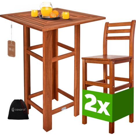 Casaria – Ensemble table de bar et 2 tabourets en bois d'acacia – Table haute 75 x 75 cm – Hauteur d'assise 75 cm – Pour intérieur et extérieur (1/6)