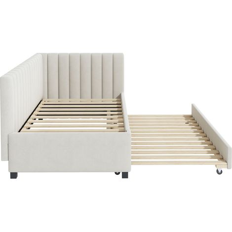 CAIziLit rembourré 90200, canapé-lit gigogne, lit multifonction avec sommier à lattes, lit ado, lit enfant, lit d'appoint, tissu velours beige (1/5)