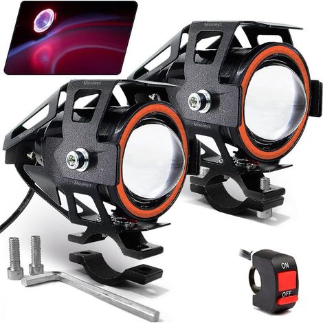 Moto LED Fog Lights U7 Spotlight Lumières de jour avec yeux d'ange Halo Bague et interrupteur 2-Sets, rouge