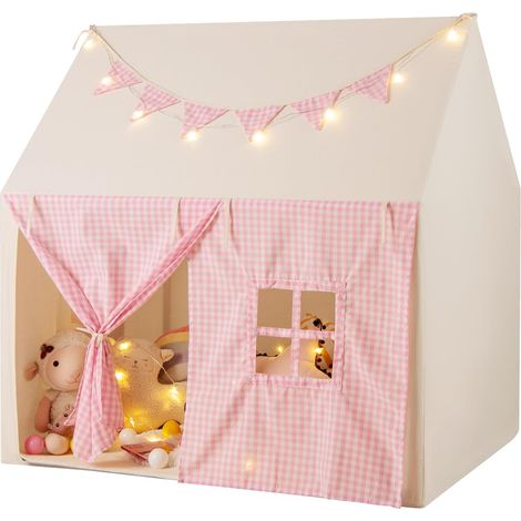 GOPLUS Tente de Jeu Enfants avec Tapis Rembourré, Lumières Étoilées et Fanions, Tente Intérieure Extérieure avec Fenêtres, Portes Enroulables et Poches de Rangement, pour 3-8 Ans (Rose) (1/5)