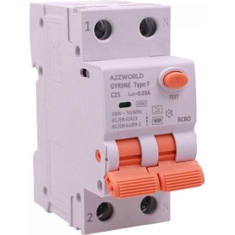 RCBO Interruttore Magnetotermico Differenziale Tipo F Curva C 1P+N 2M 6000A 30mA AC 230V IP20 Corrente Disponibili 6A 10A 16A 20A 25A 32A 40A 50A 63A (C25A)