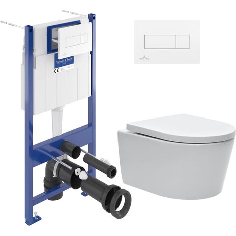 Pack WC suspendu sans bride – Bâti-support Villeroy & Boch ViConnect Pro – Cuvette céramique blanche avec abattant SoftClose – Fixations invisibles