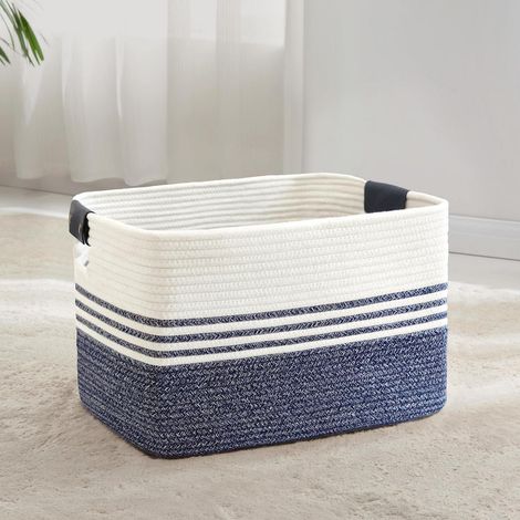 Wäschekorb geflochten 60L aus Baumwollseil mit Lederhenkeln, Weiß/Blau (1/5)