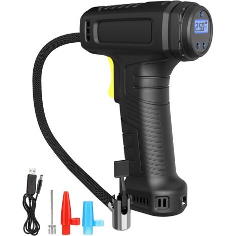 Pour Compresseur d'air de gonfleur de pneu sans fil, gonfleur de pneu portable avec manomètre numérique, pompe à pneu sans fil à batterie rechargeable avec lumière LED 3 buses pour voiture, vélo, moto (1/5)