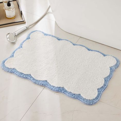 Tapis de bain de luxe en microfibre, tapis de bain blanc avec bordure ondulée bleue, adorable tapis de bain de préparation. (1/5)