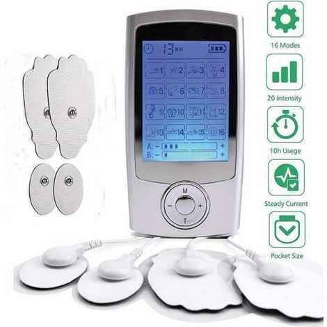 Électrostimulateur Tens Rechargeable Antidouleur Stimulateur Musculaire avec 16 Modes, 4 Électrodes pour Massage Tension Musculaire