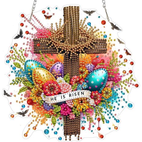 Pendentif Diamond Painting Croix avec œufs de Pâques, kit de bricolage pour fenêtre et mur